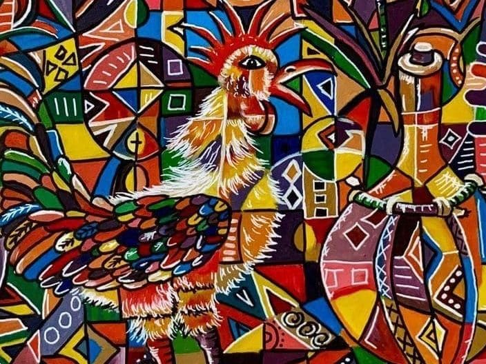 Detail of a colourful painting of a rooster by Blaise Afrique